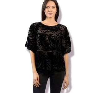 ANNA CAI Neiman Marcus Velvet Burnout Palm Leaf Short Sleeve Lace Trim Top